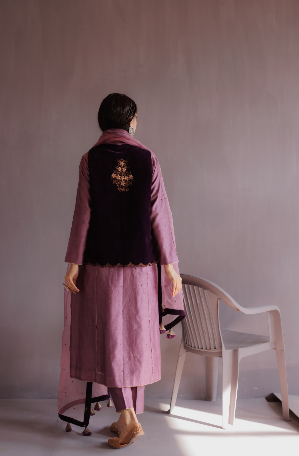 Royal Purple Silk A Line Kurta Set With Embroidered Velvet Jacket