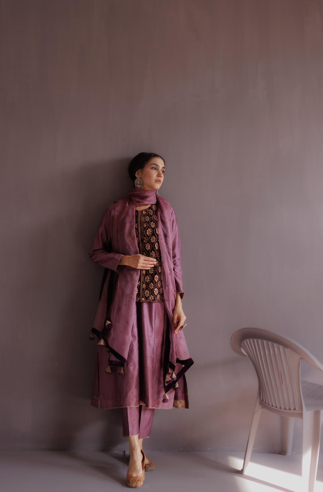 Royal Purple Silk A Line Kurta Set With Embroidered Velvet Jacket