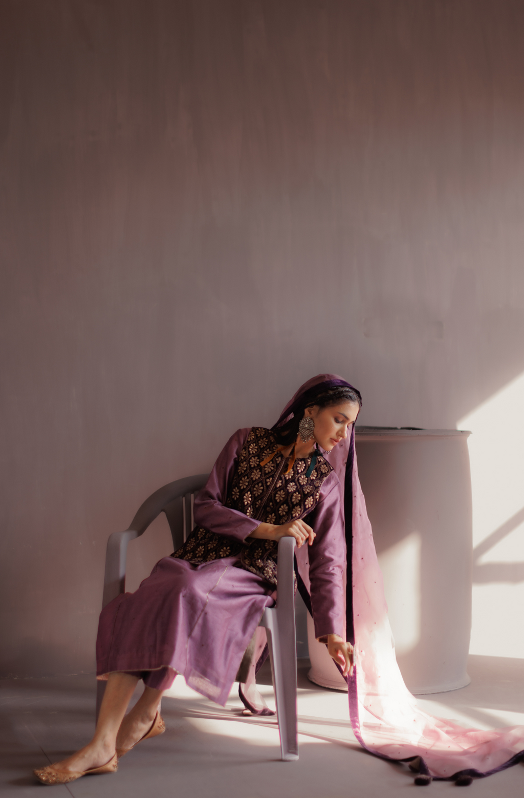 Royal Purple Silk A Line Kurta Set With Embroidered Velvet Jacket