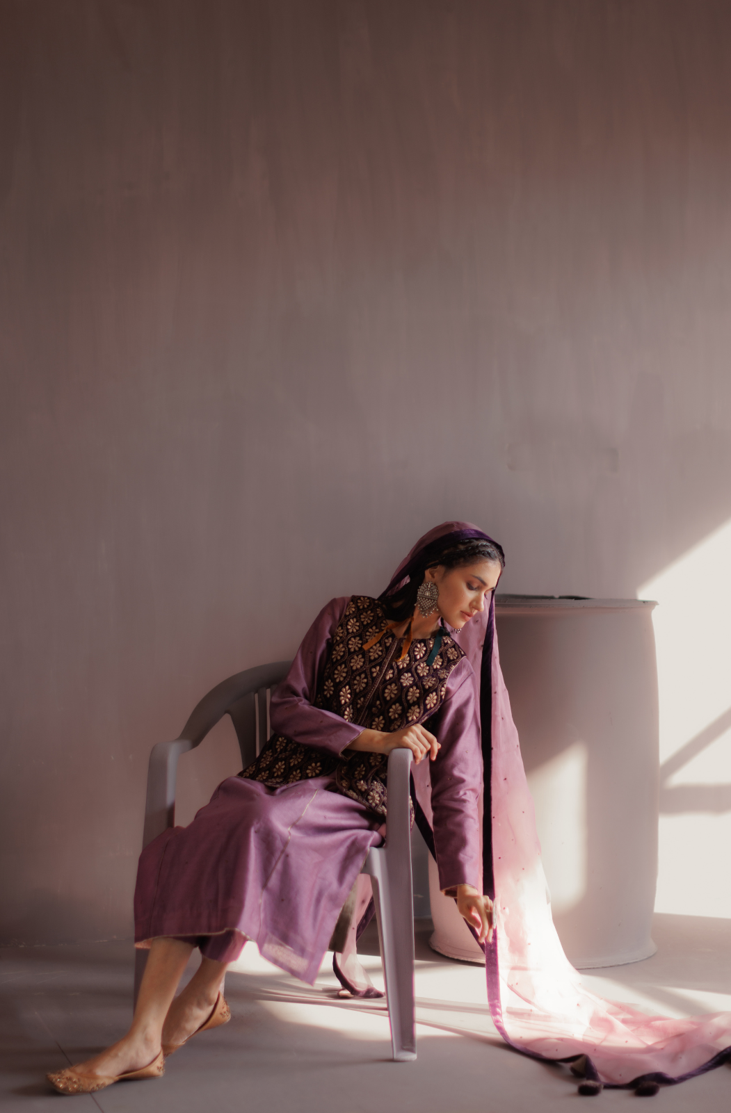Royal Purple Silk A Line Kurta Set With Embroidered Velvet Jacket