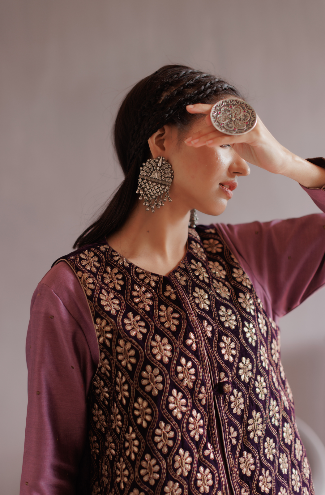 Royal Purple Silk A Line Kurta Set With Embroidered Velvet Jacket