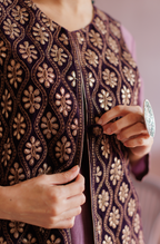 Royal Purple Silk A Line Kurta Set With Embroidered Velvet Jacket