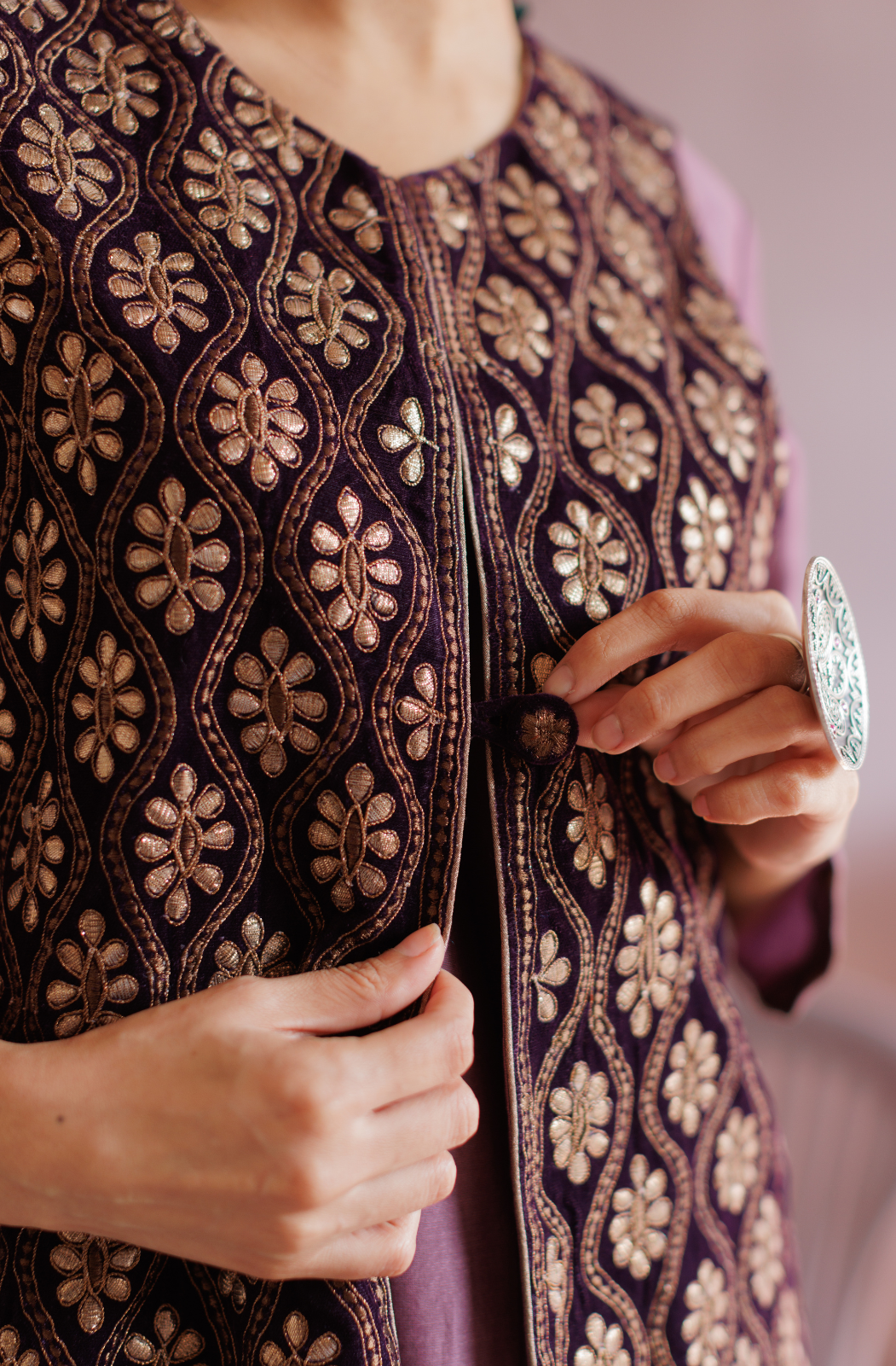 Royal Purple Silk A Line Kurta Set With Embroidered Velvet Jacket