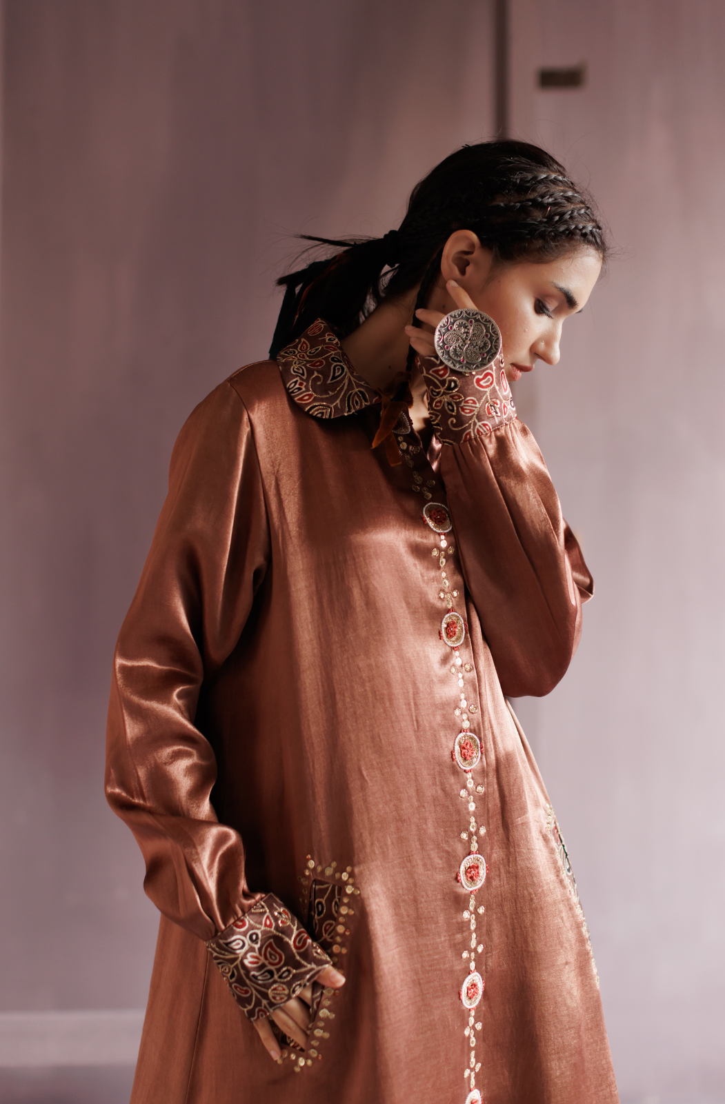 Saddle Brown Peter Pan Collar Mashru Co-ord Set