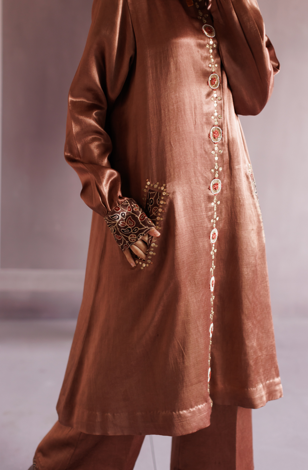 Saddle Brown Peter Pan Collar Mashru Co-ord Set