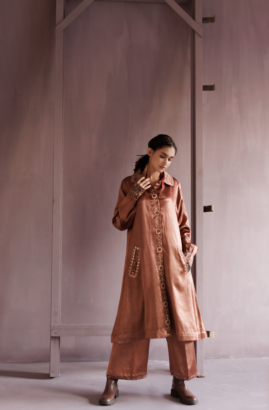Saddle Brown Peter Pan Collar Mashru Co-ord Set
