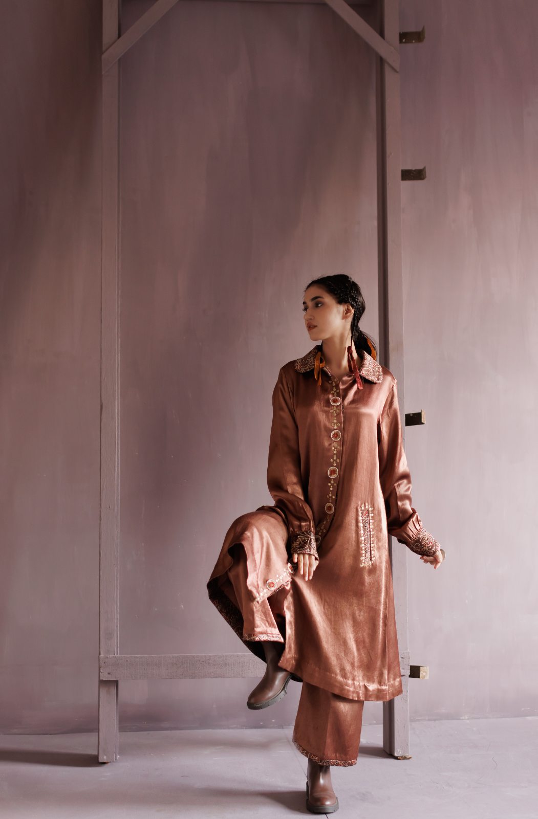 Saddle Brown Peter Pan Collar Mashru Co-ord Set
