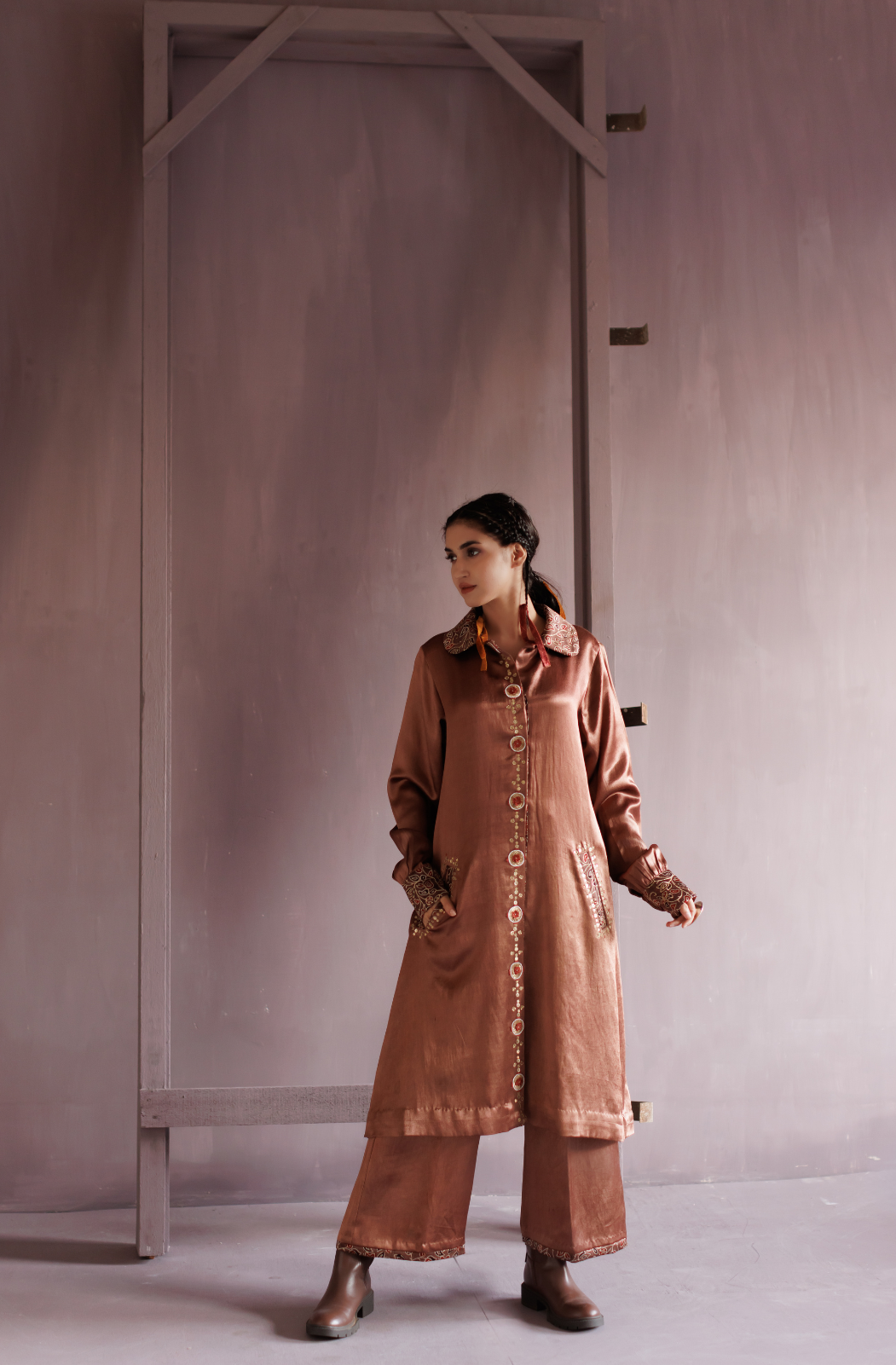 Saddle Brown Peter Pan Collar Mashru Co-ord Set