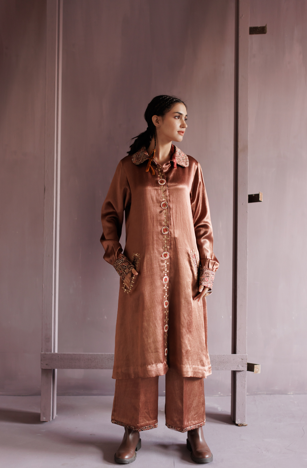 Saddle Brown Peter Pan Collar Mashru Co-ord Set