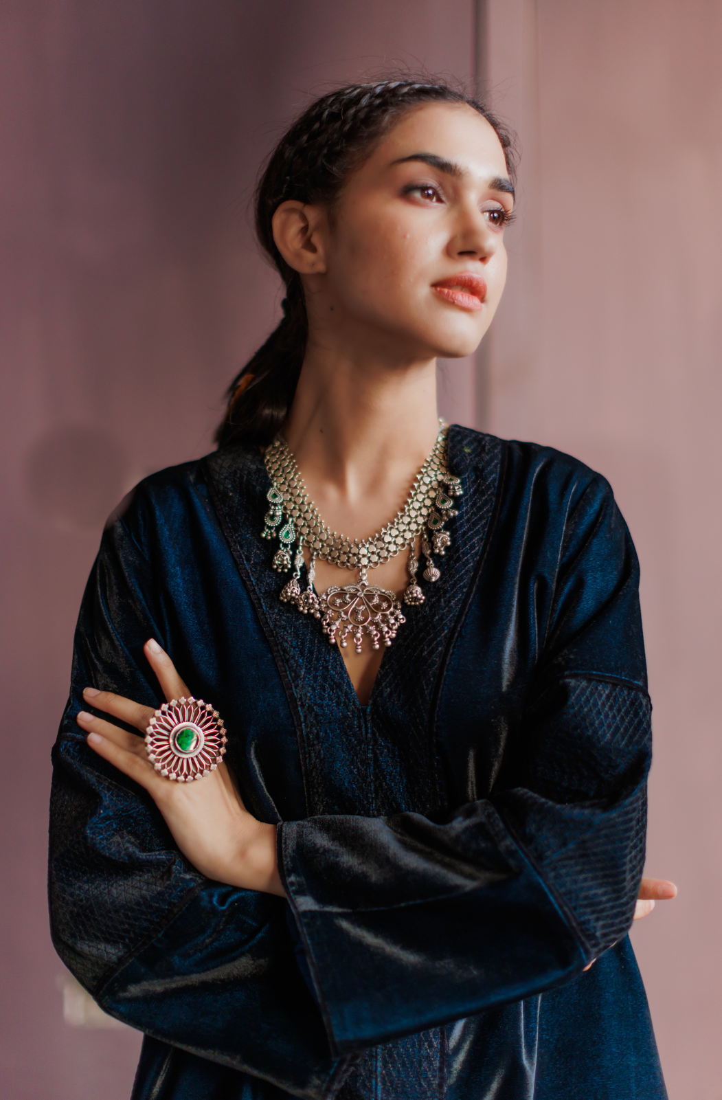 Peacock Blue Silk Velvet Thread Embroidered Co-ord Set.