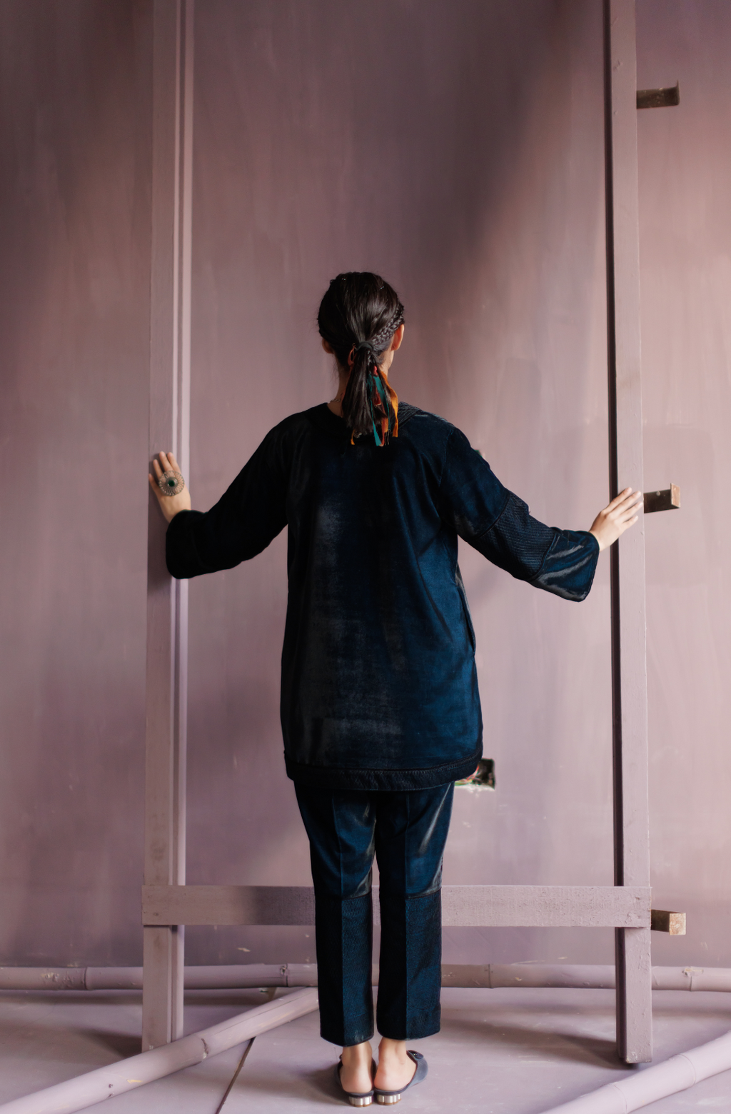 Peacock Blue Silk Velvet Thread Embroidered Co-ord Set.
