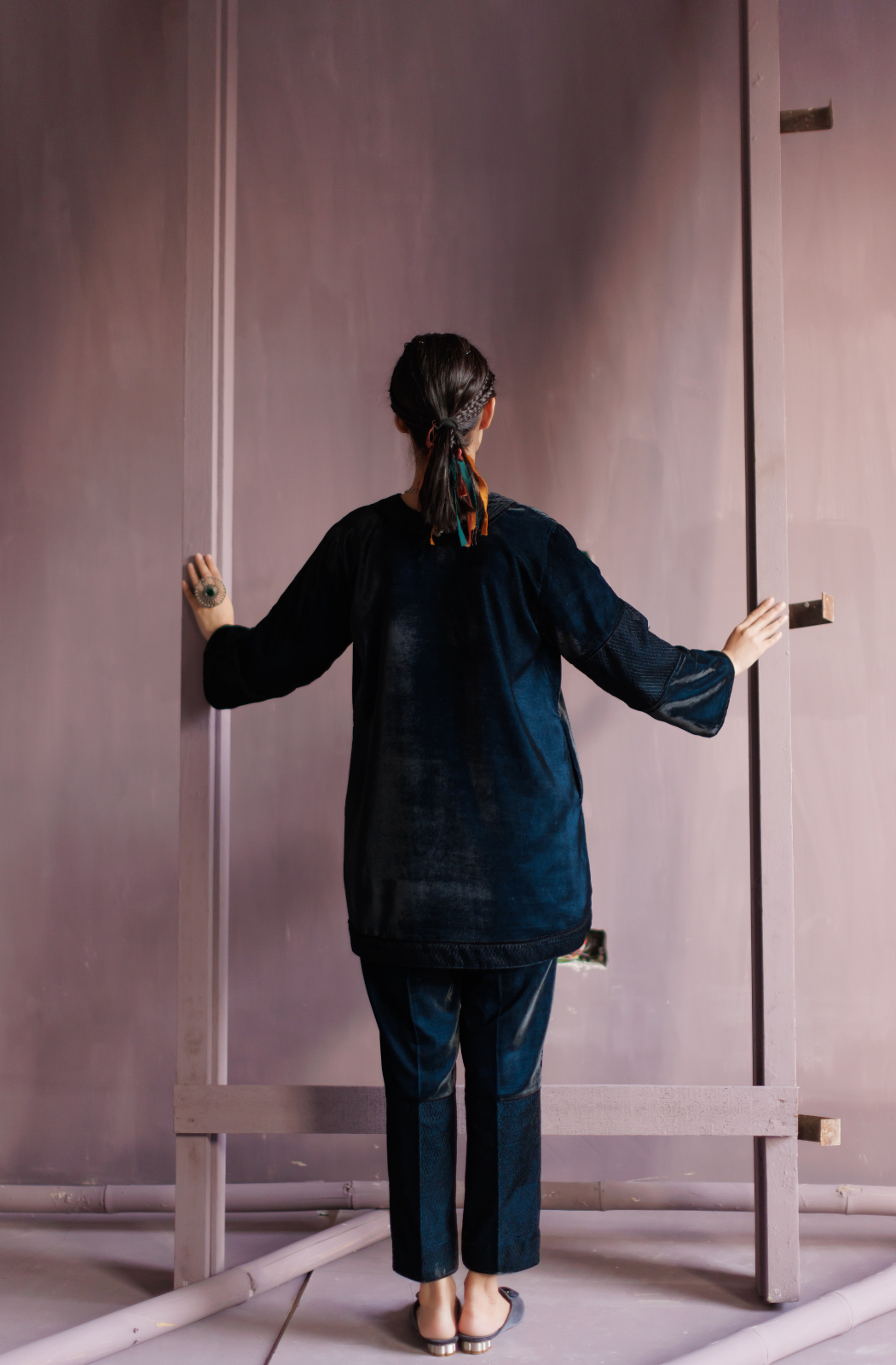 Peacock Blue Silk Velvet Thread Embroidered Co-ord Set.