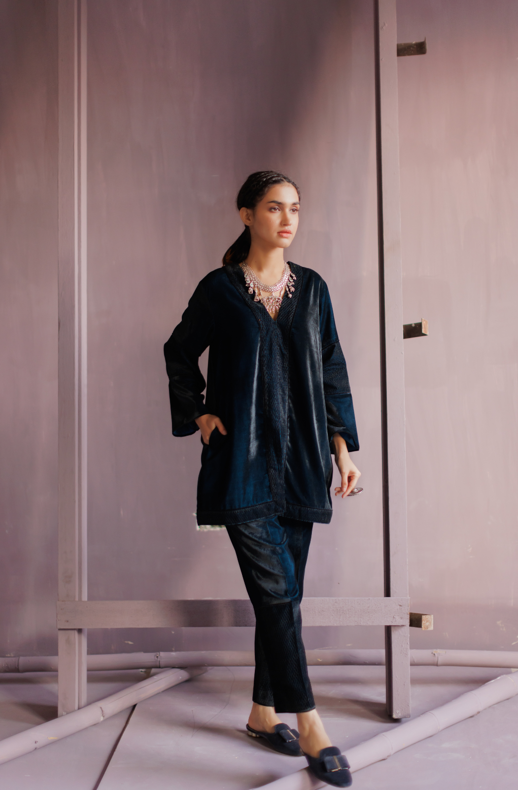 Peacock Blue Silk Velvet Thread Embroidered Co-ord Set.