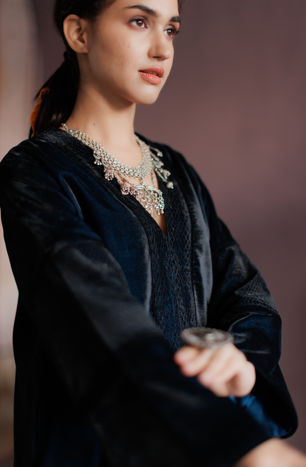 Peacock Blue Silk Velvet Thread Embroidered Co-ord Set.