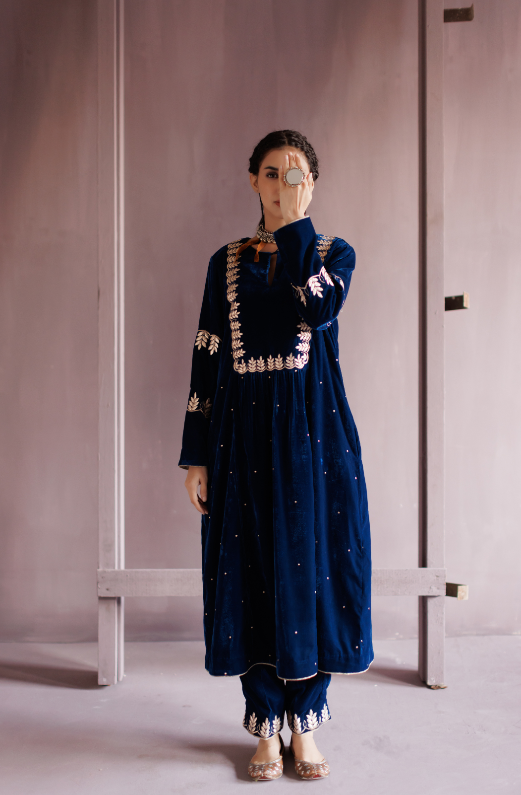 Electric Blue Gota Embroidered Silk Velvet Kurta Set.