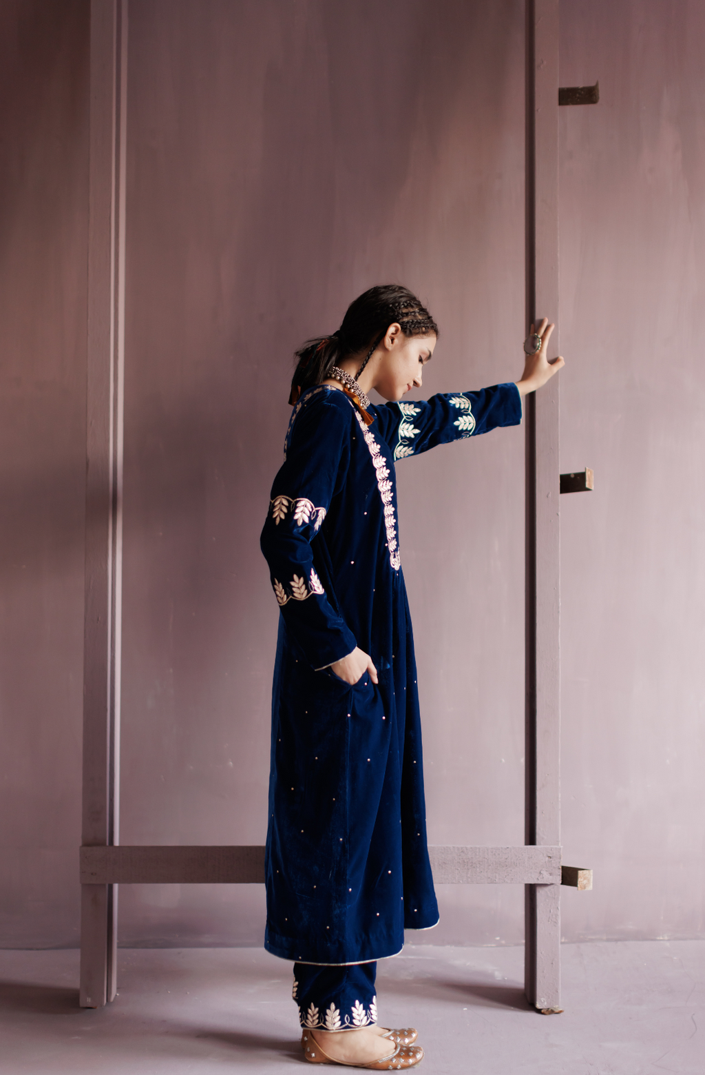 Electric Blue Gota Embroidered Silk Velvet Kurta Set.