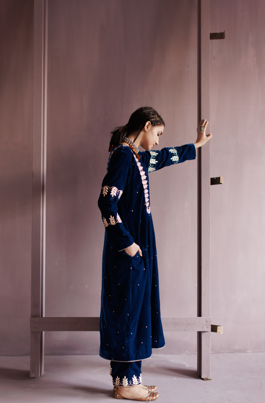 Electric Blue Gota Embroidered Silk Velvet Kurta Set.