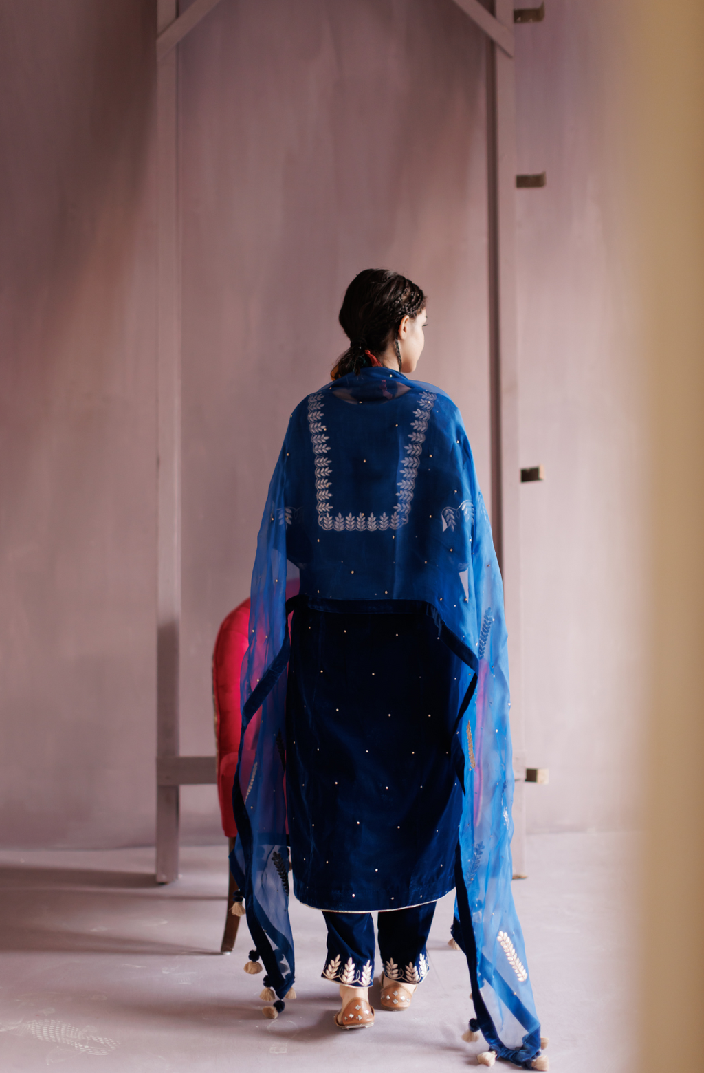 Electric Blue Gota Embroidered Silk Velvet Kurta Set.