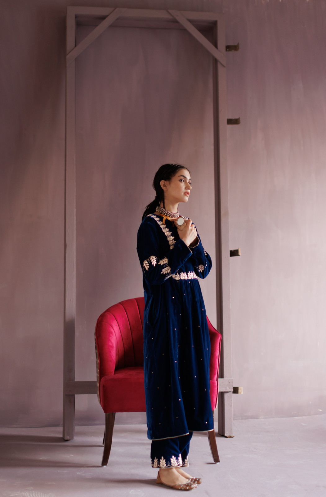 Electric Blue Gota Embroidered Silk Velvet Kurta Set.