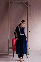 Electric Blue Gota Embroidered Silk Velvet Kurta Set.