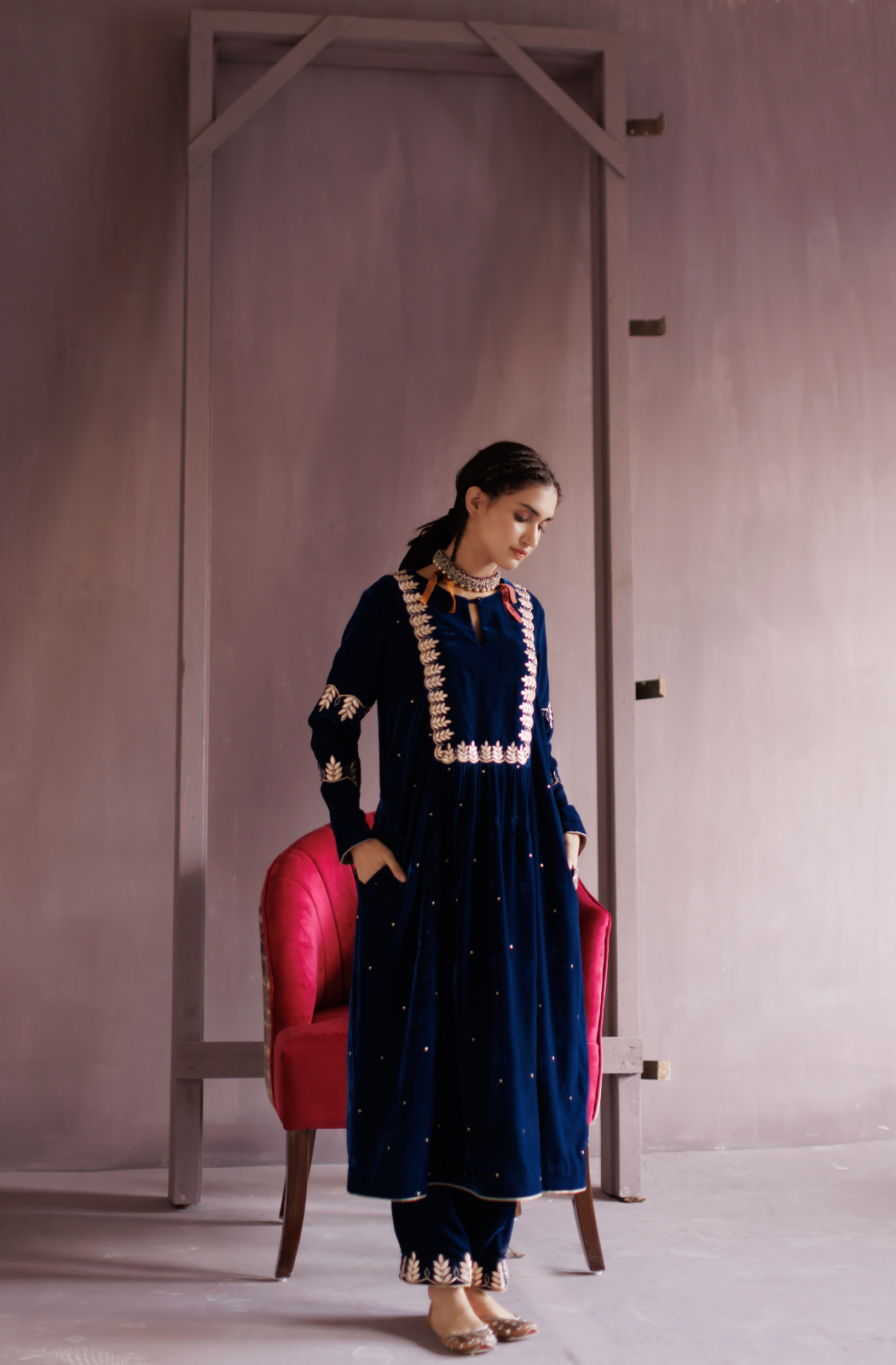 Electric Blue Gota Embroidered Silk Velvet Kurta Set.