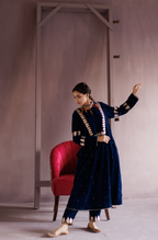 Electric Blue Gota Embroidered Silk Velvet Kurta Set.