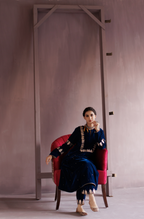 Electric Blue Gota Embroidered Silk Velvet Kurta Set.