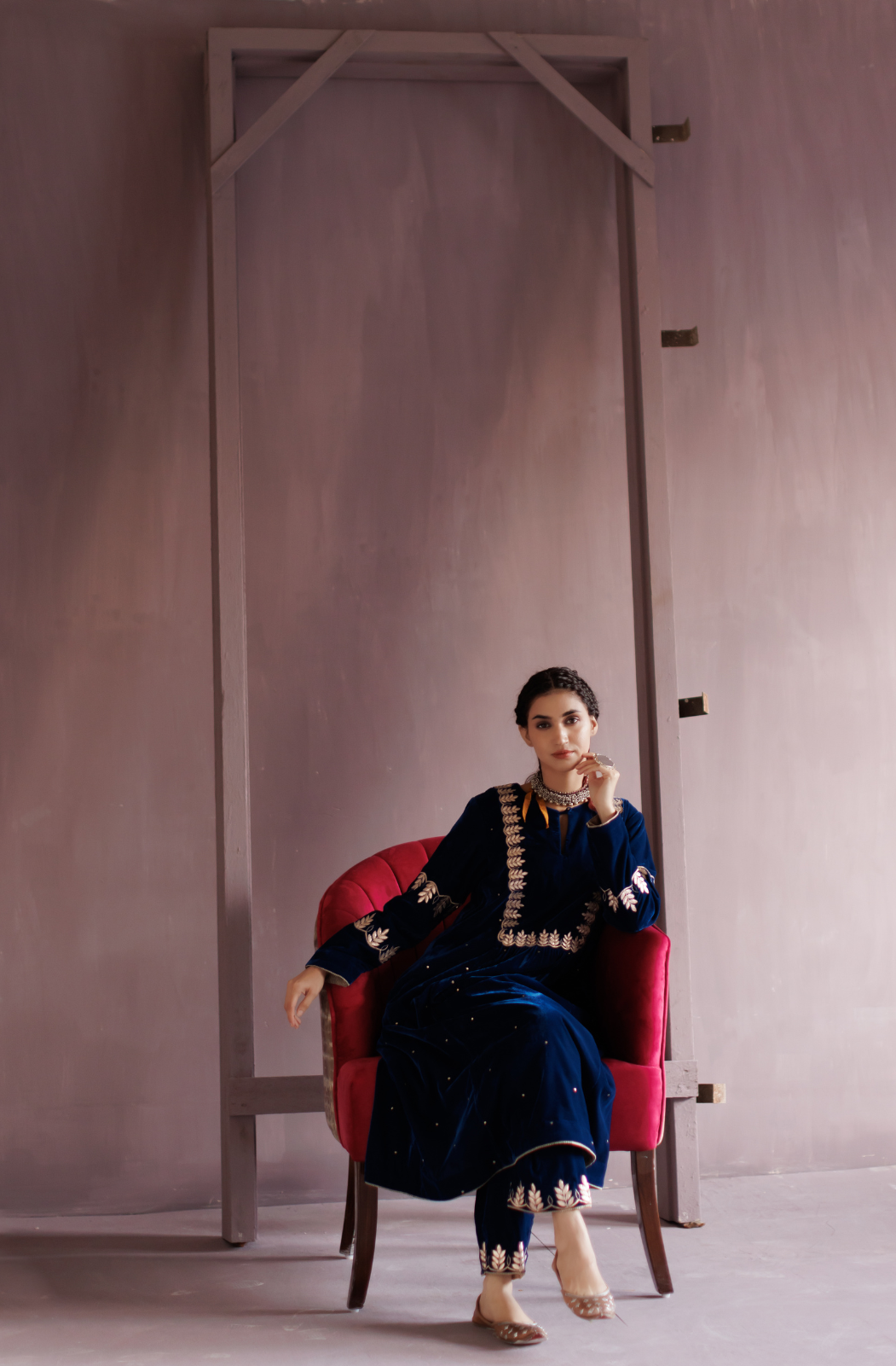 Electric Blue Gota Embroidered Silk Velvet Kurta Set.
