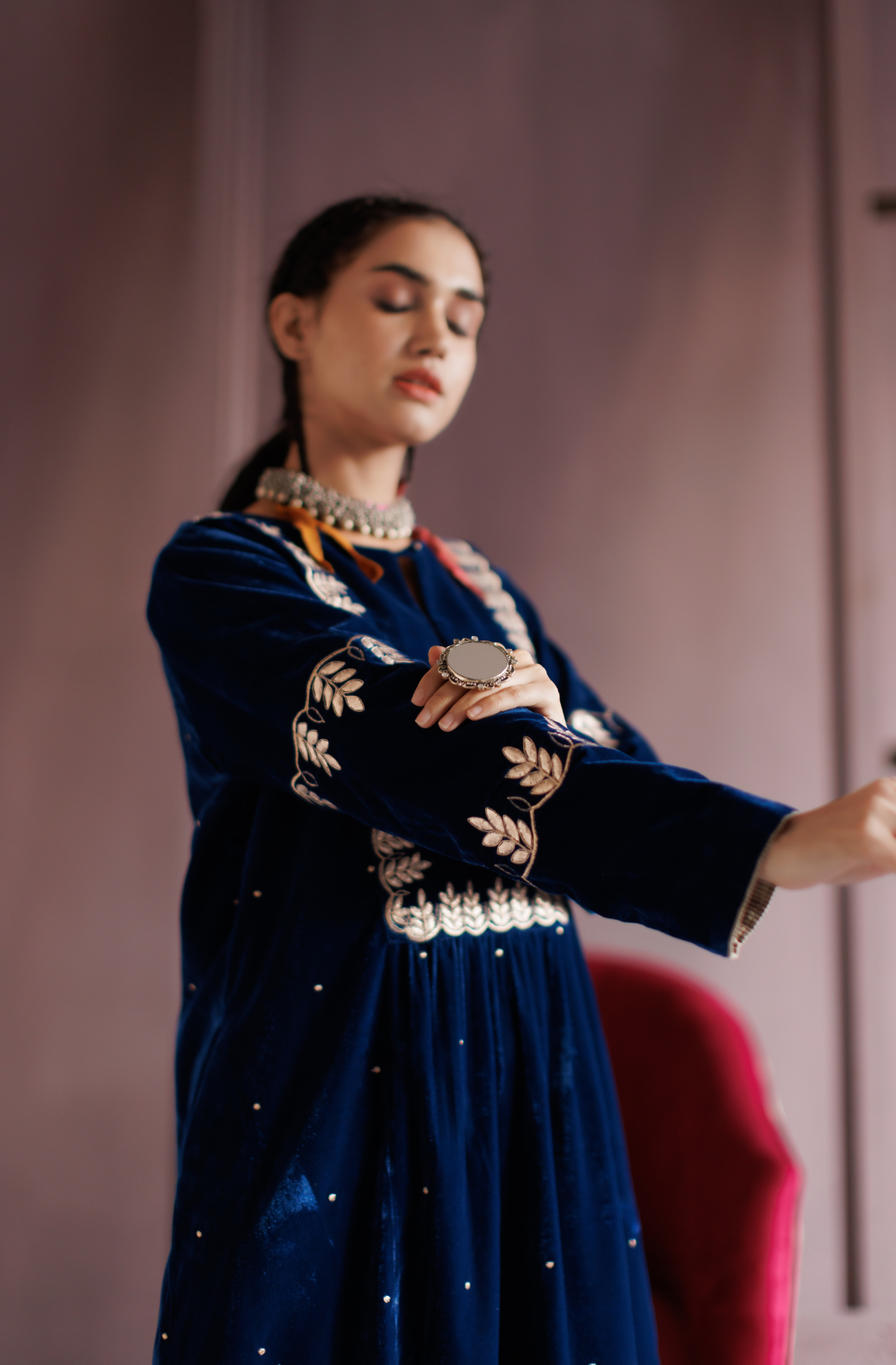 Electric Blue Gota Embroidered Silk Velvet Kurta Set.