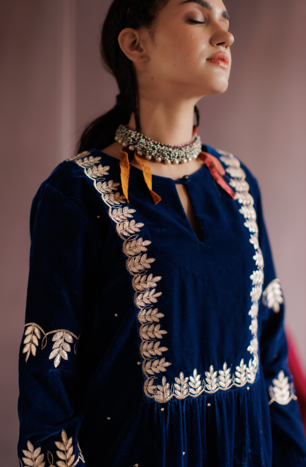 Electric Blue Gota Embroidered Silk Velvet Kurta Set.