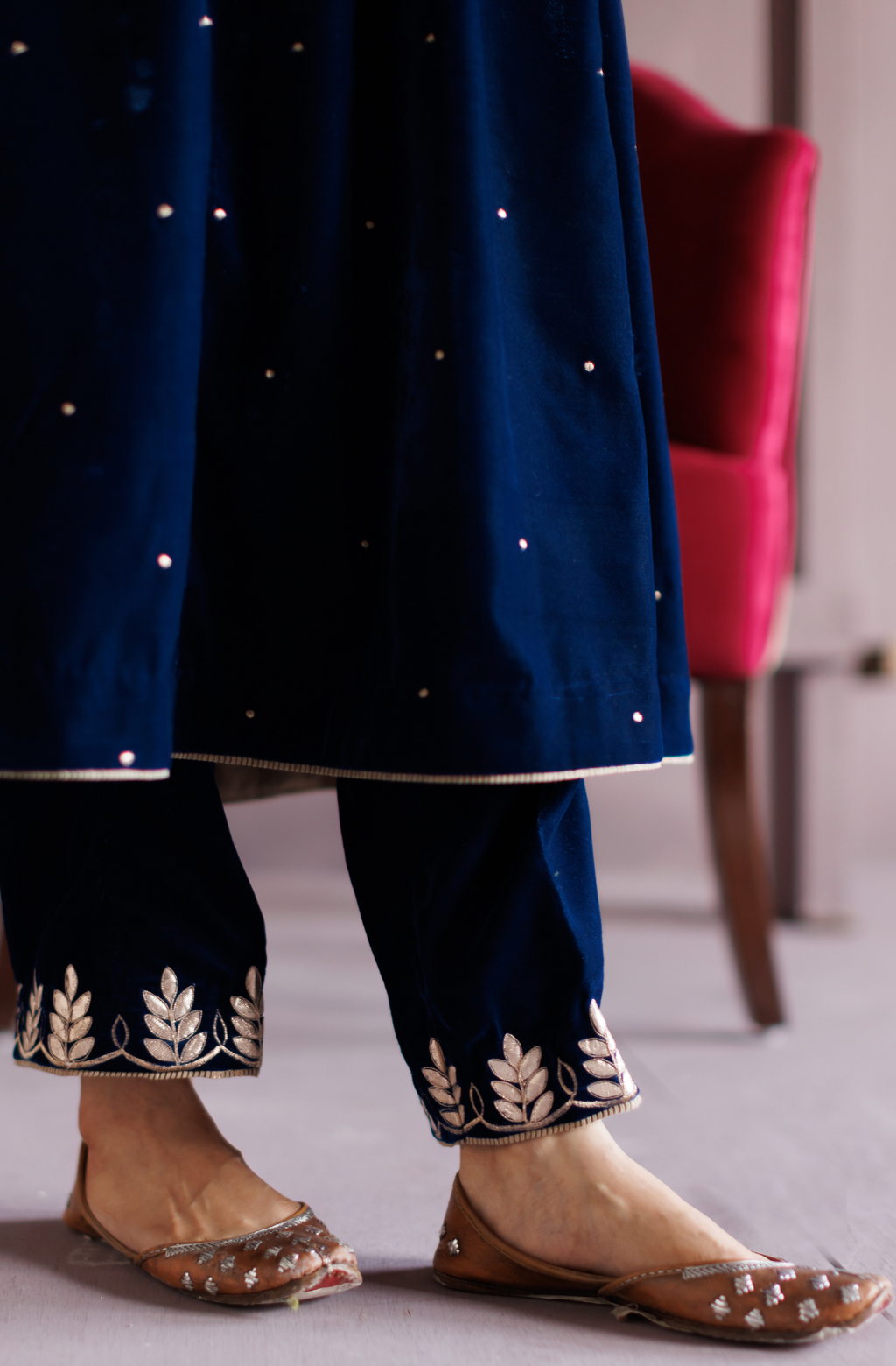 Electric Blue Gota Embroidered Silk Velvet Kurta Set.