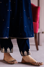 Electric Blue Gota Embroidered Silk Velvet Kurta Set.