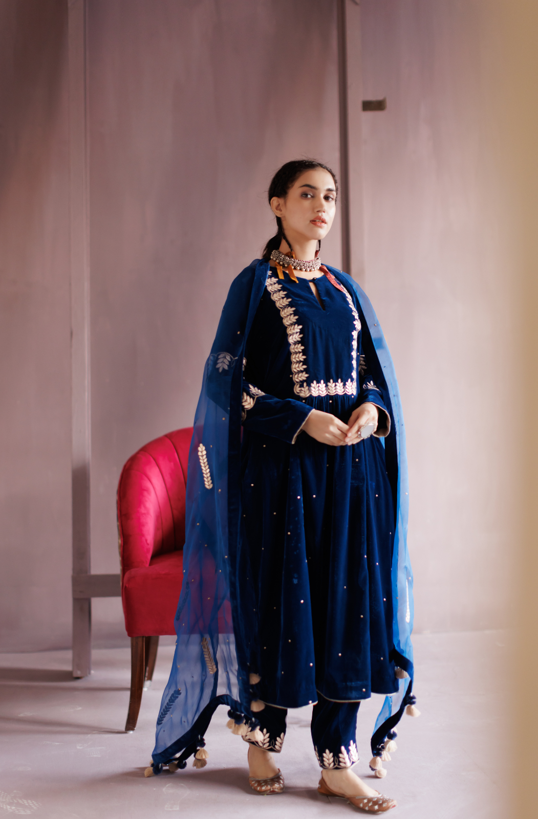 Electric Blue Gota Embroidered Silk Velvet Kurta Set.