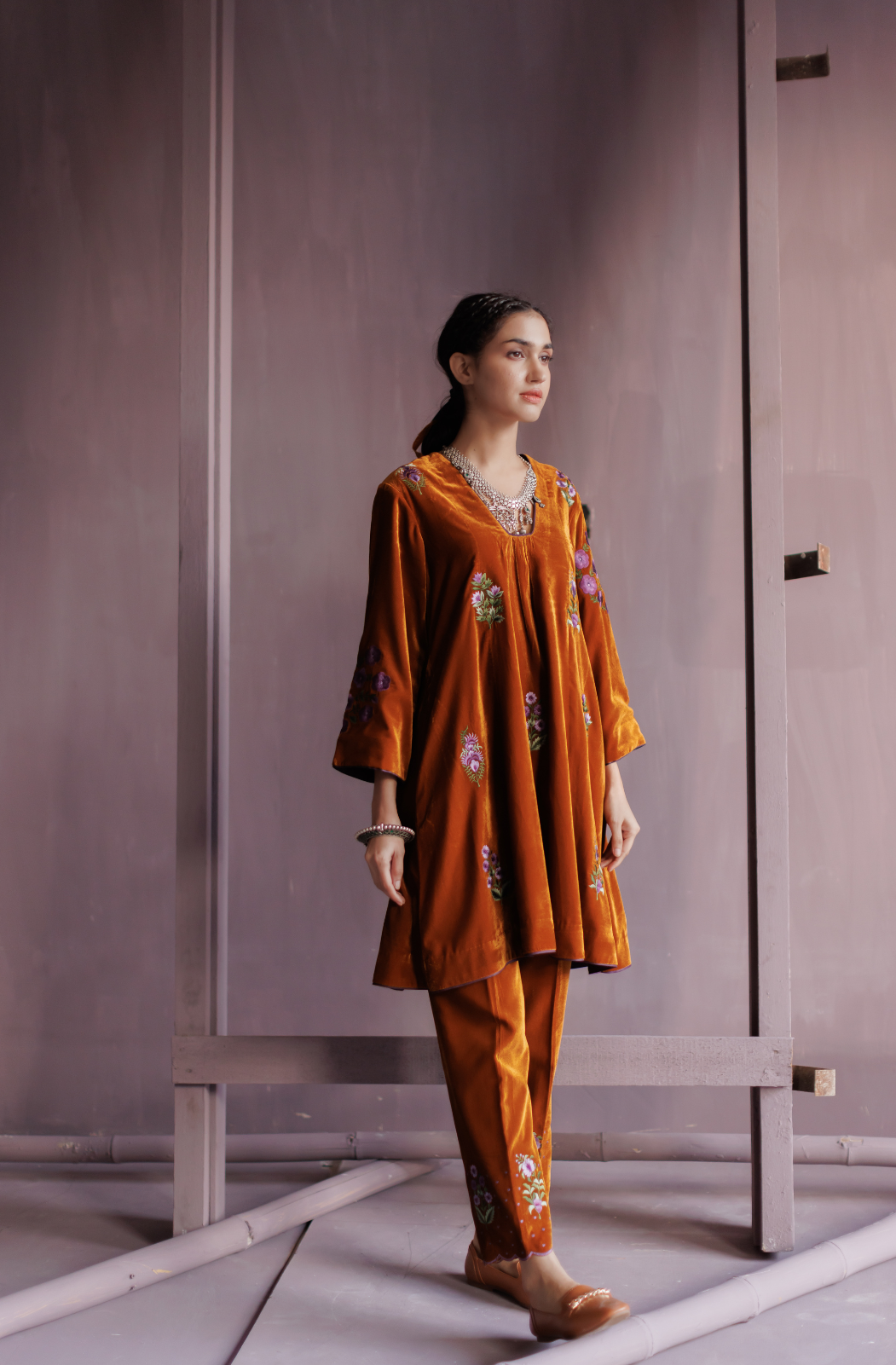 Mustard Silk Velvet Co-ord Set.