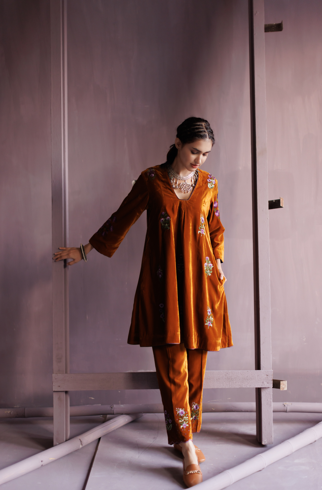 Mustard Silk Velvet Co-ord Set.