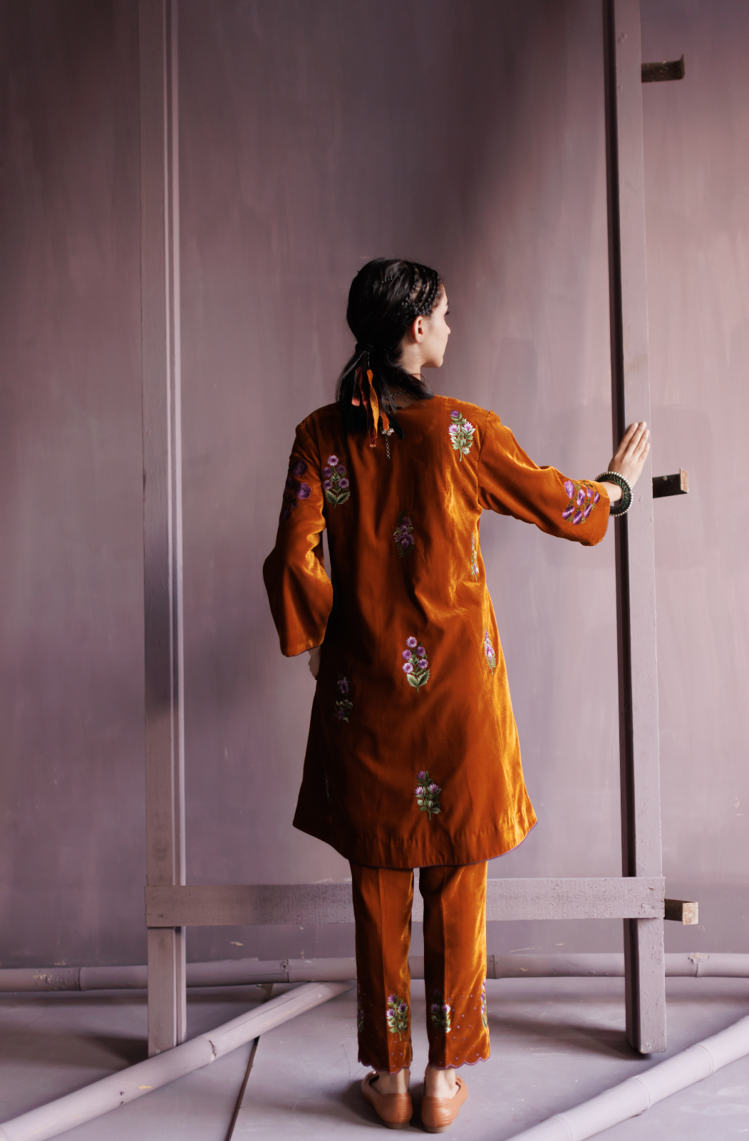 Mustard Silk Velvet Co-ord Set.