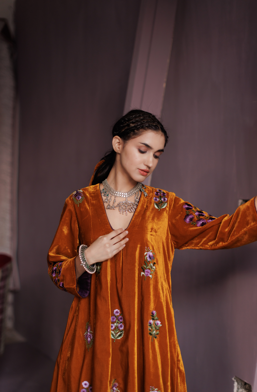 Mustard Silk Velvet Co-ord Set.