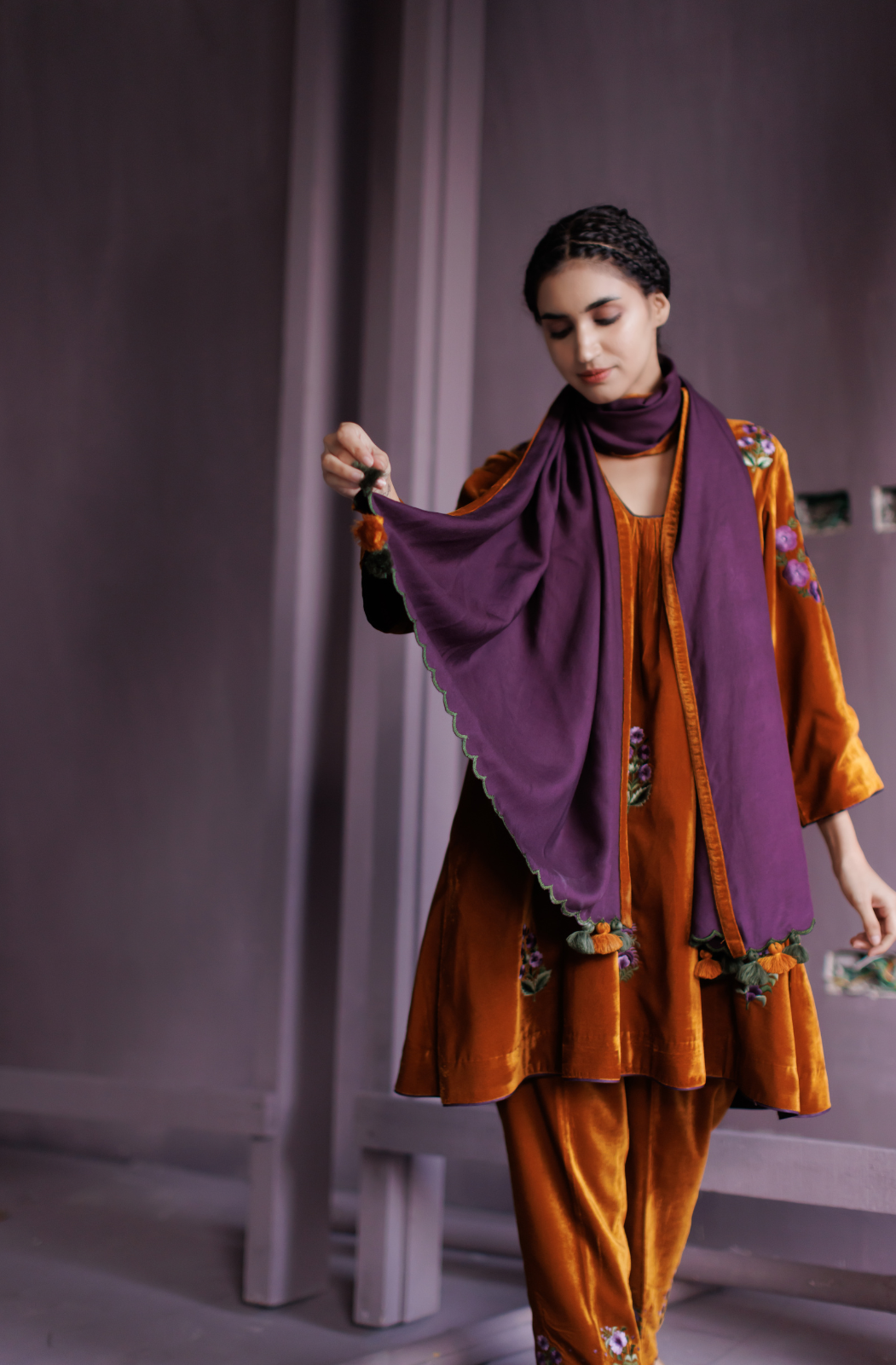 Mustard Silk Velvet Co-ord Set.