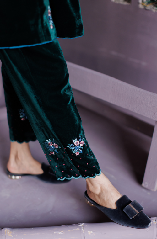 Bottle Green Silk Velvet Co-ord Set