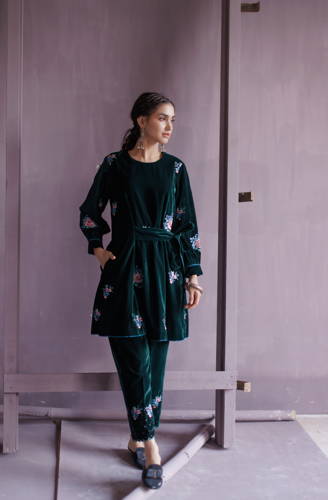 Bottle Green Silk Velvet Co-ord Set