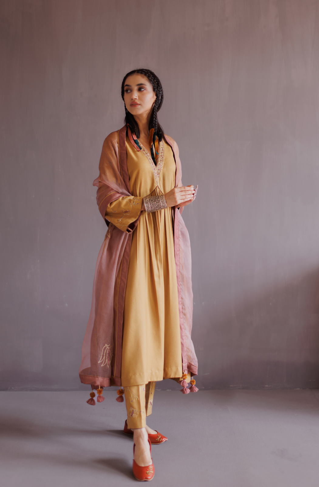 Mustard  Yellow Pashmina A line Suit Set.