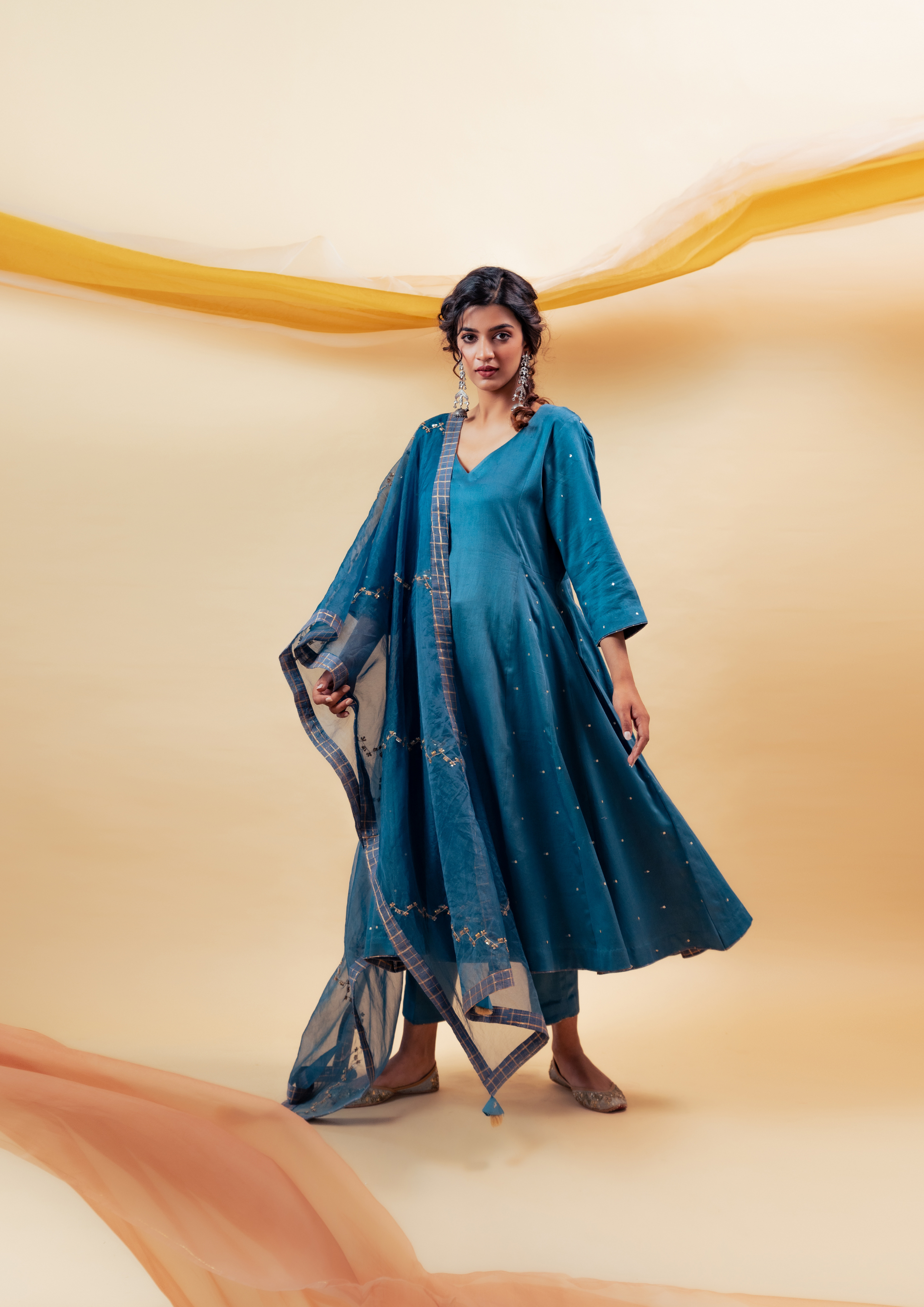 Electric Blue Cotton Silk Kalidaar Suit Set with Silk Organza Dupatta