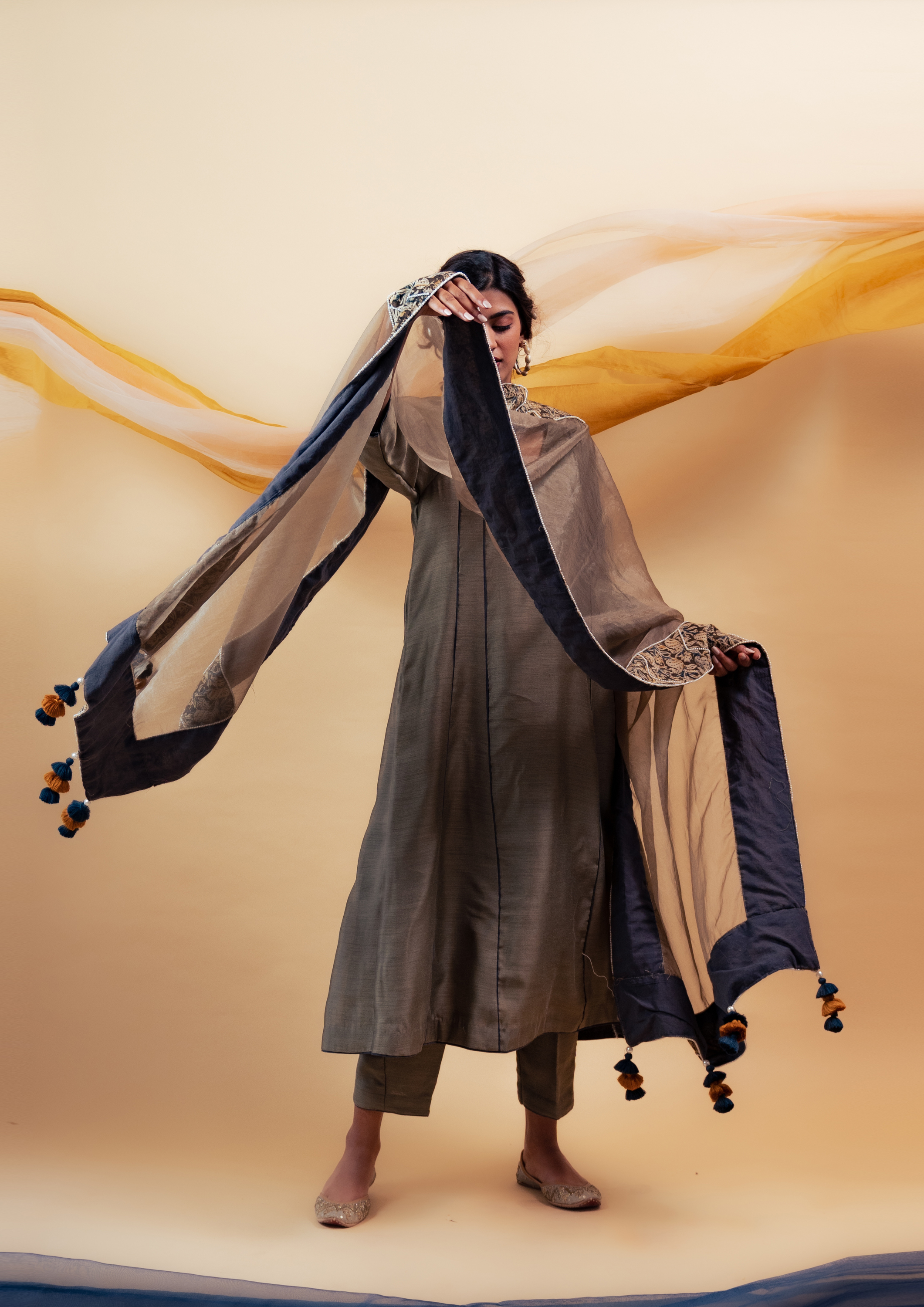 Dark Olive Green Silk Kalidaar Suit Set with Kalamkari Border Organza Dupatta and Silk Pants