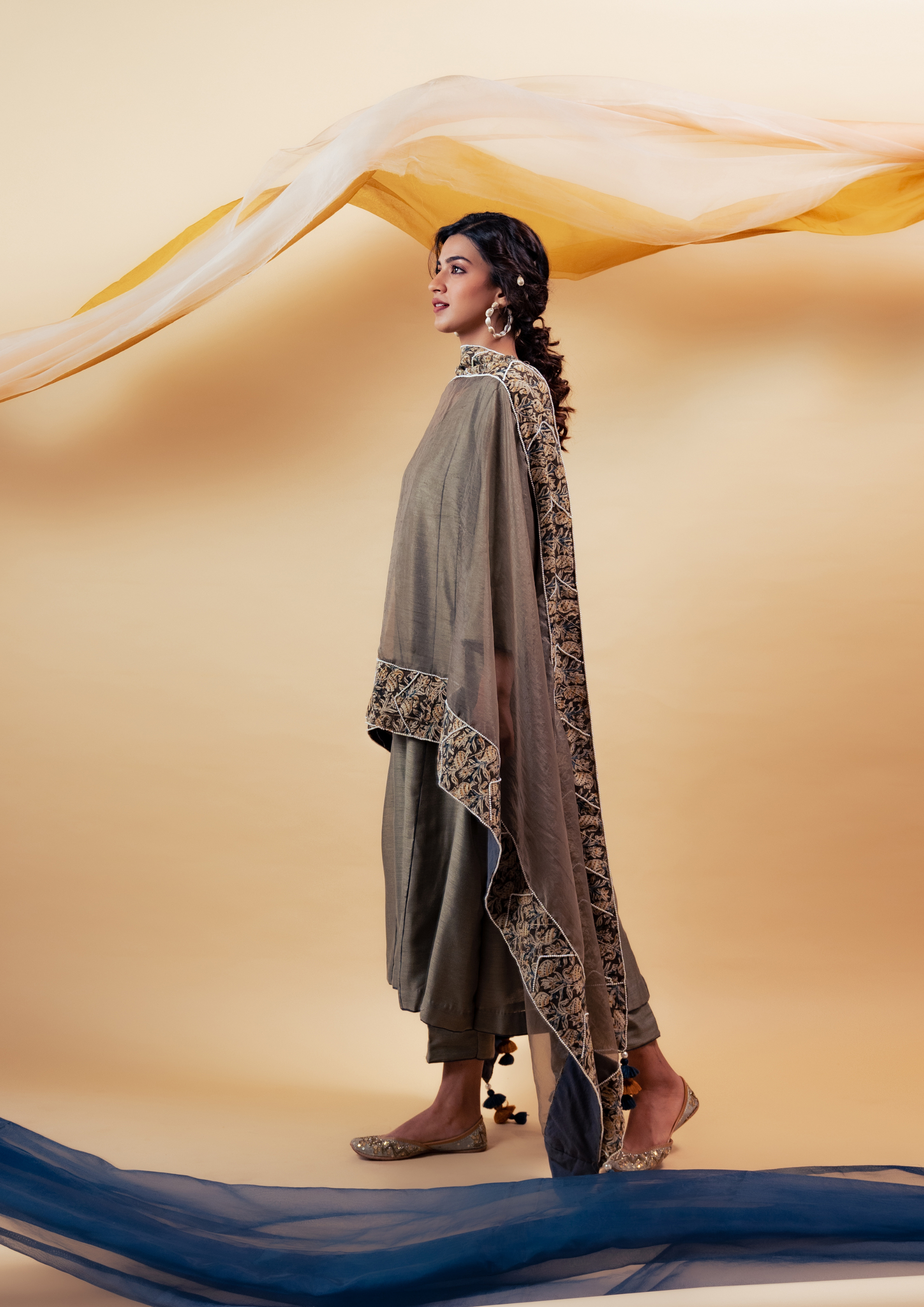 Dark Olive Green Silk Kalidaar Suit Set with Kalamkari Border Organza Dupatta and Silk Pants
