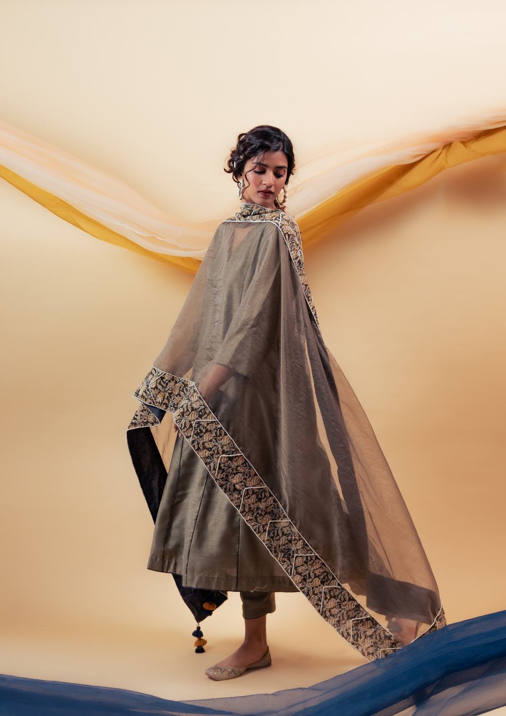 Dark Olive Green Silk Kalidaar Suit Set with Kalamkari Border Organza Dupatta and Silk Pants