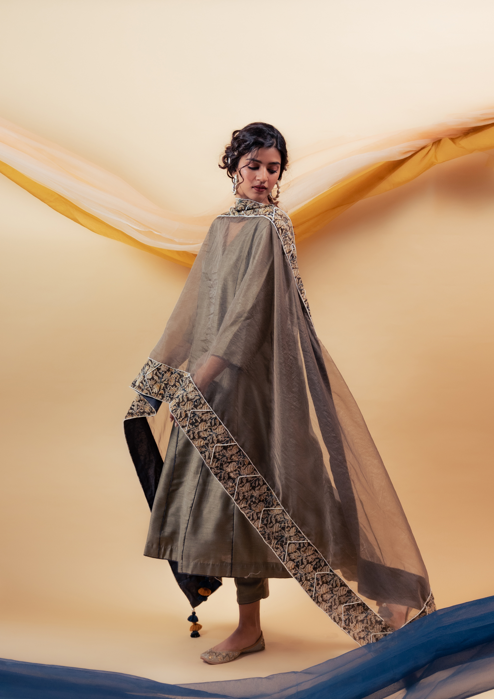Dark Olive Green Silk Kalidaar Suit Set with Kalamkari Border Organza Dupatta and Silk Pants