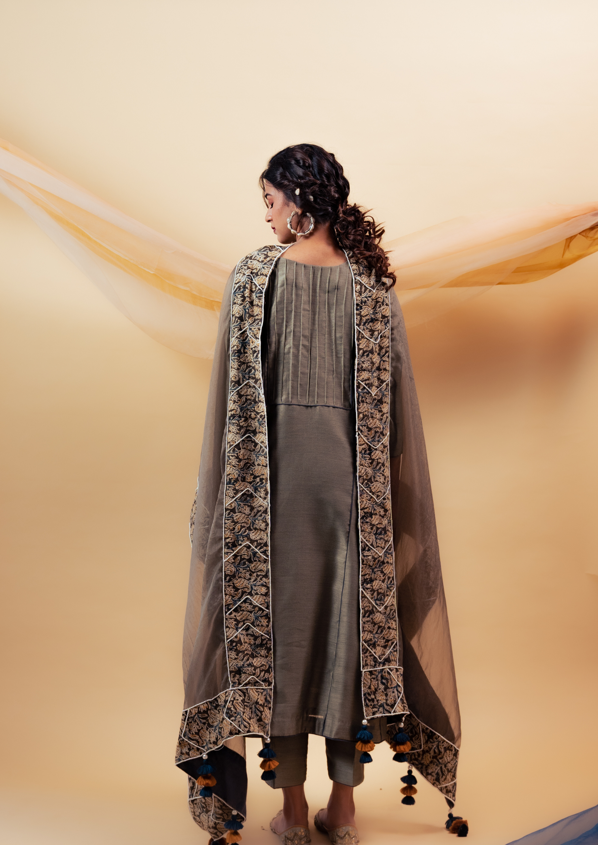 Dark Olive Green Silk Kalidaar Suit Set with Kalamkari Border Organza Dupatta and Silk Pants