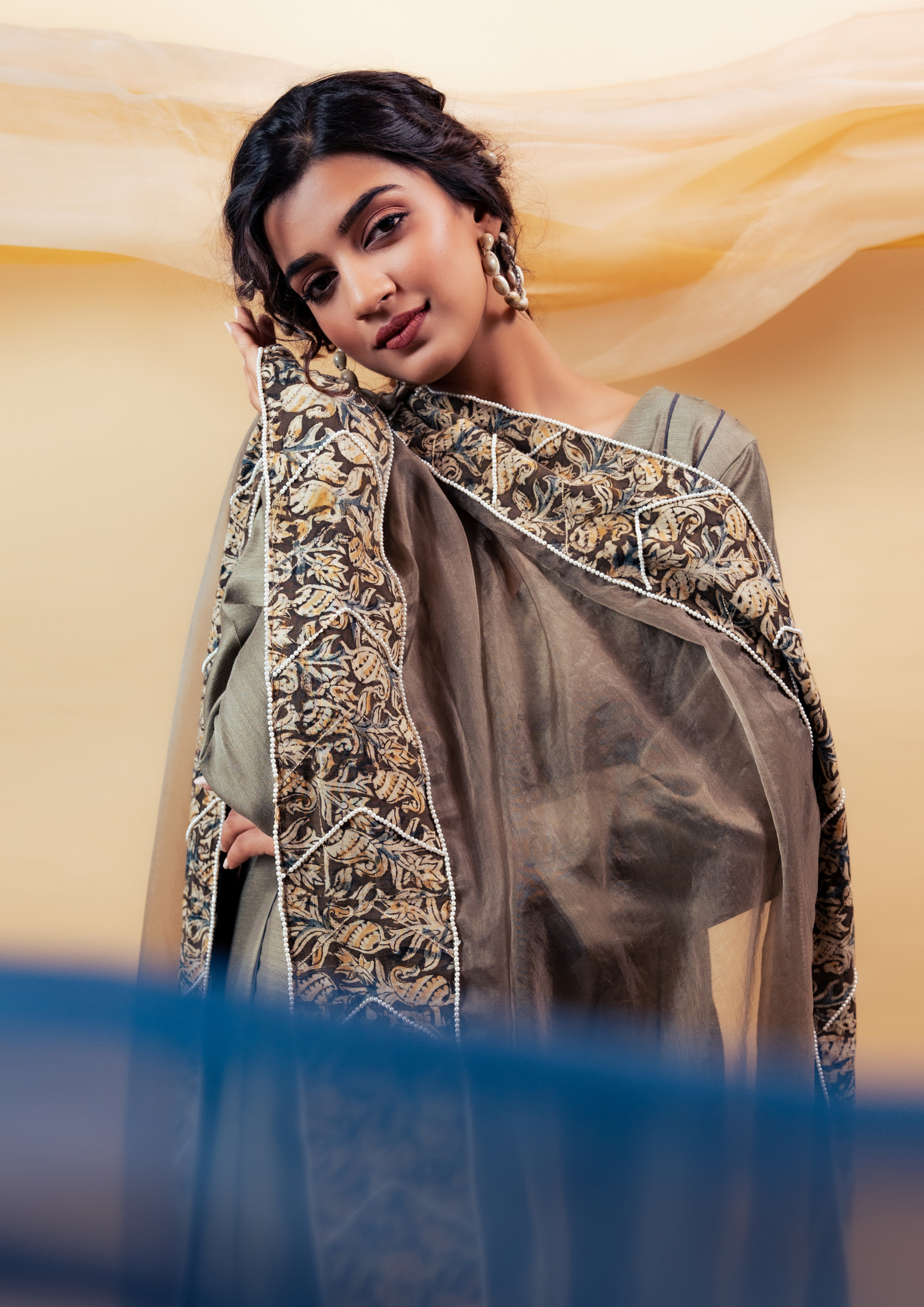 Dark Olive Green Silk Kalidaar Suit Set with Kalamkari Border Organza Dupatta and Silk Pants