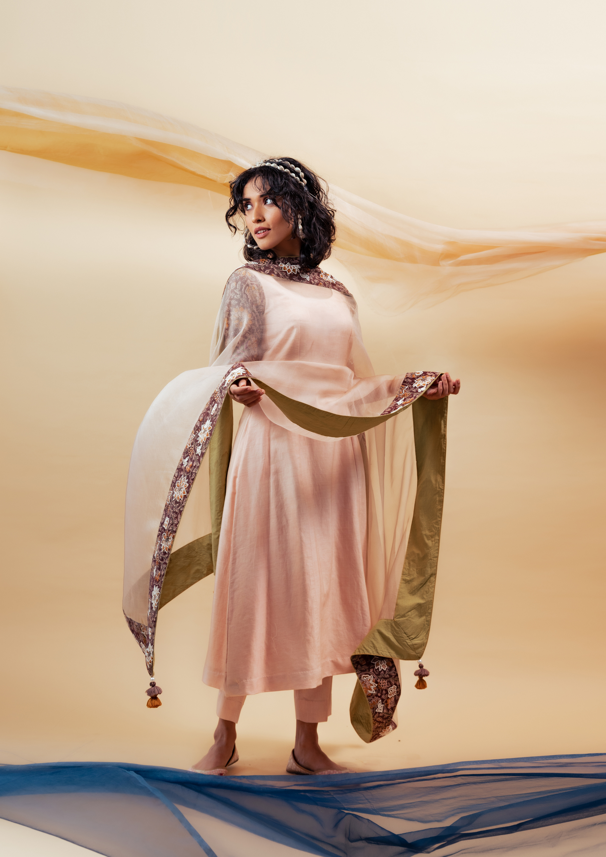 Blush Pink Kalidaar Suit Set with Organza Dupatta and Pants