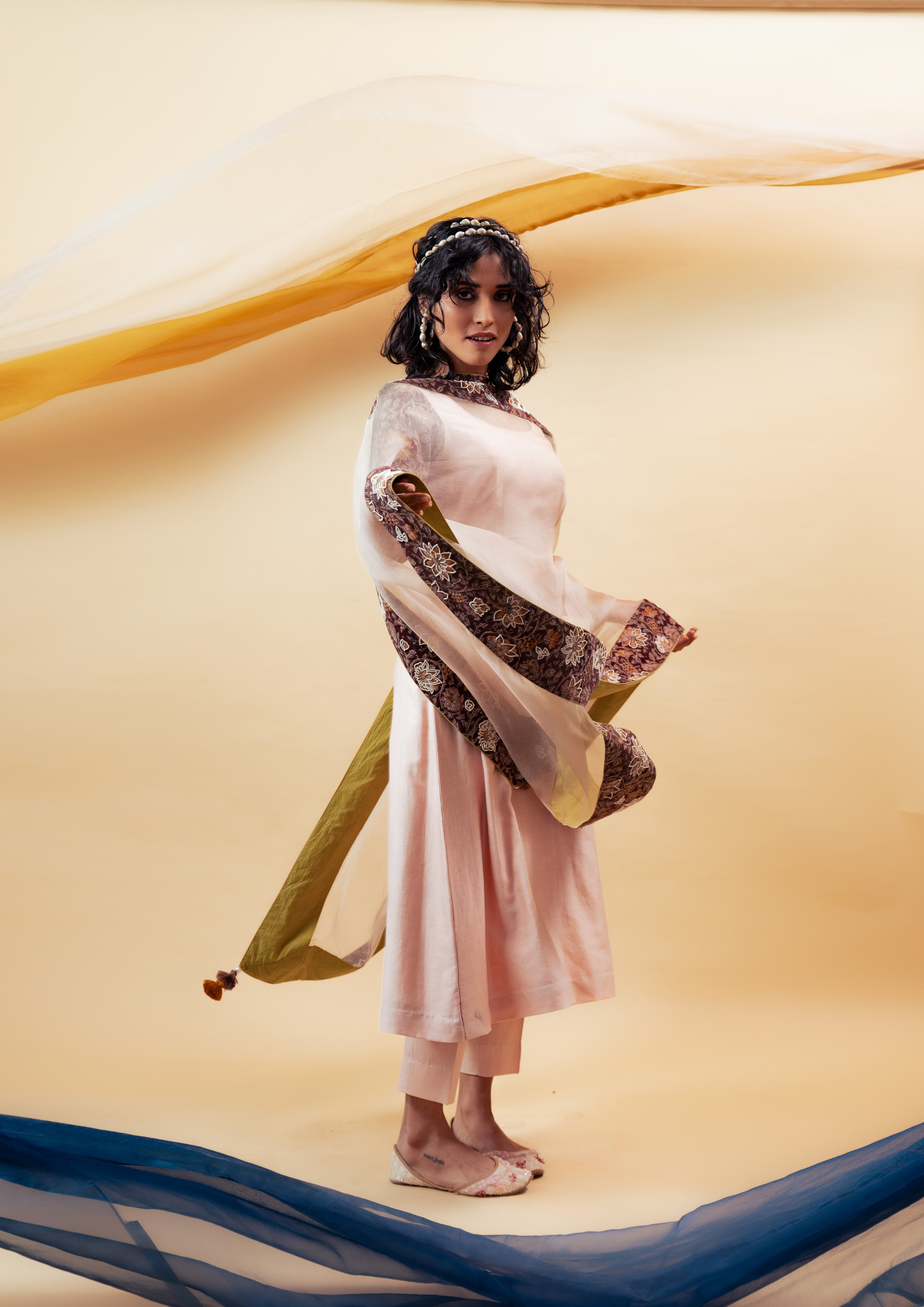 Blush Pink Kalidaar Suit Set with Organza Dupatta and Pants